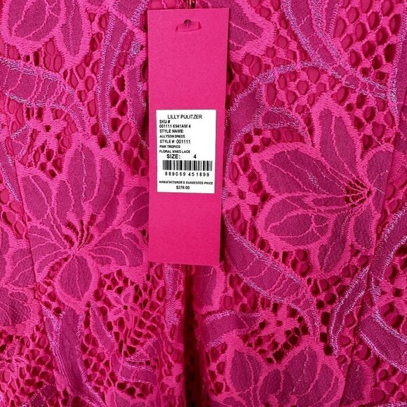 NWT $278 Lilly Pulitzer Allyson Dress Hot Pink Lace Floral Overlay Size 4 - Picture 9 of 17